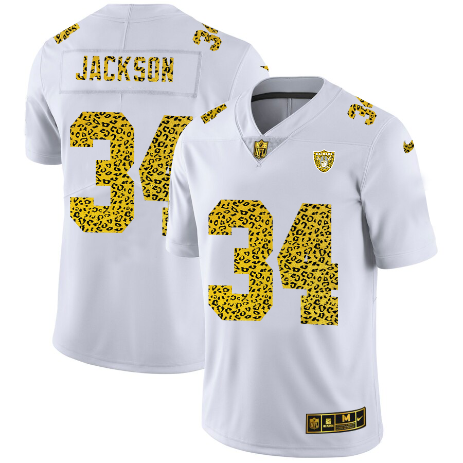 Custom Las Vegas Raiders 34 Bo Jackson Men Nike Flocked Leopard Print Vapor Limited NFL Jersey White